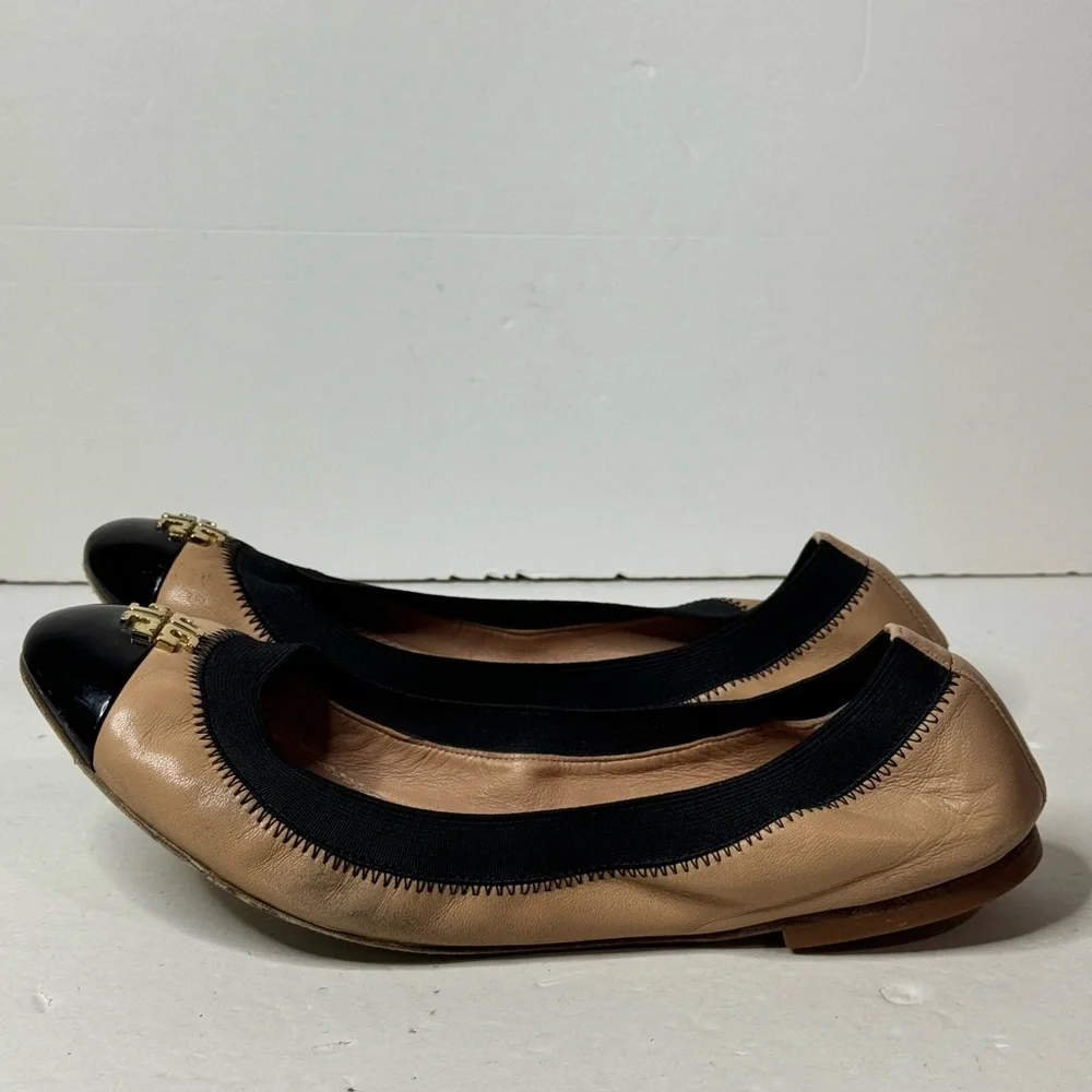 Tory Burch Flat Slip on Leather Shoes/Black and Beige Size 8.5